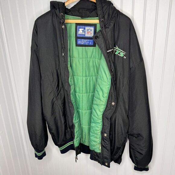 Vintage 1980’s Sz L Starter NFL New York Jets Puffer Jacket Full Zip Black Green - Picture 9 of 16